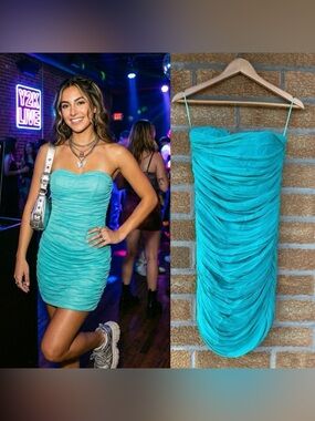 Marley Teal Chiffon Ruched Mini Dress S Strapless Turquoise Party Y2K